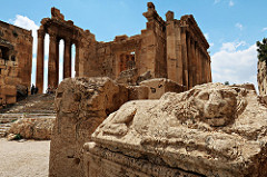 Lion Sarcophagus with Bacchus Temple in Baalbek