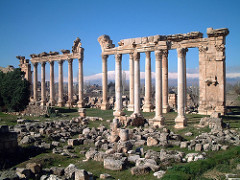 Roman columns with the background of Mt. Lebanon in Baalbek