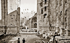 November 1942 - Allied troops & civilians inside the ancient & historic ruins of the Temple of Bacchus at Baalbek, Syria (now North Lebanon)