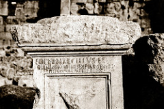 November 1942 - Ancient Roman dedicatory inscription on a temple pillar base stone at the ruins in Baalbek, Syria (now North Lebanon)