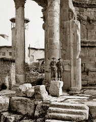 November 1942 - Australian 2/4 Anti Malaria Control Unit troops Len Spencer & Bill Angwin, at the ancient Roman Temple of Bacchus ruins in Baalbek, Syria (now Lebanon)