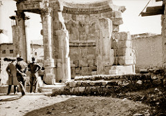 November 1942 - British officer & troops of the Australian Army 2/4 Anti Malaria Control Unit inspect the ancient & historic "Temple of Virgins" ruins at Baalbek, Syria (now Lebanon)