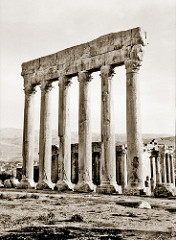 November 1942 - The towering, Corinthian styled Six Pillars of the Temple of Jupiter, Baalbek, Syria (now Lebanon)