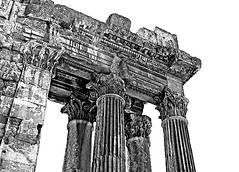 Lebanon, Baalbek, temple of Bacchus, detail with corinthian pillars