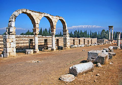 Lebanon, Beqaa valley, Anjar archeological site, colonnade along cardo maximus with showcaped mt Lebanon in backdrop